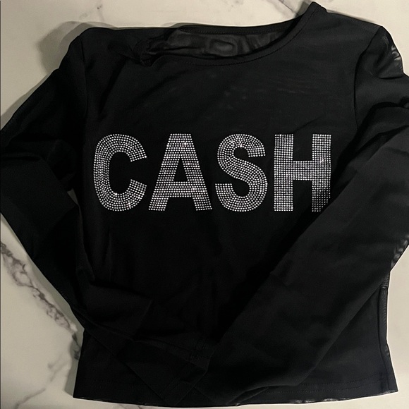 No Brand Tops - Black Sheer Long Sleeve Rhinestone 'CASH' Tee